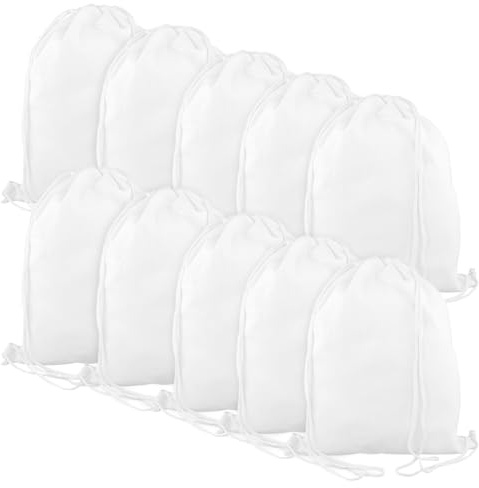 CHEUKYIU 10er Set Turnbeutel, 34x43cm Weiß 10oz Canvas Stoffbeutel mit Kordelzug, Stofftaschen zum Bemalen für Basteln Party Sport Einkaufen