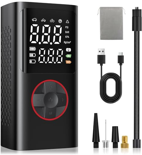 Onherm Compressore Aria Portatile, Pompa Bicicletta Elettrica 10.3 Bar/150PSI con Tutte Le Valvole, 5 Modalità, Mini Compressore Portatile con Luce LED per Auto, Bici, Moto, Scooter, Pallone