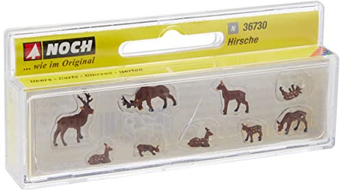 NOCH Hirsche, handkolorierte Modellfiguren aus Kunststoff, Set mit 9 Figuren für Spur N, ideal für Waldszenen