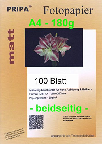 pripa 100 Blatt InkJet Fotopapier - matt beidseitig beschichtet - ohne Glanz -DinA4-210x297-180g - Tintenstrahldrucker