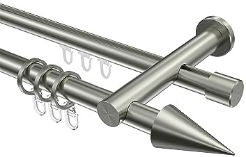 INTERDECO Rundrohr-Innenlauf-Gardinenstange 20 mm 2-läufig, moderne Rohr-Innenlaufstange aus Metall, Edelstahl-Optik, zur Wandmontage, Typ 10223712, 220 cm