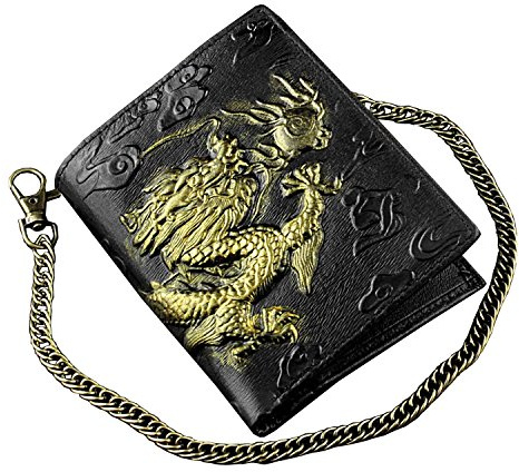 Mens 3D Dragon Vintage Luxury Leather Wallet ID Card Holder Purse w/Chain