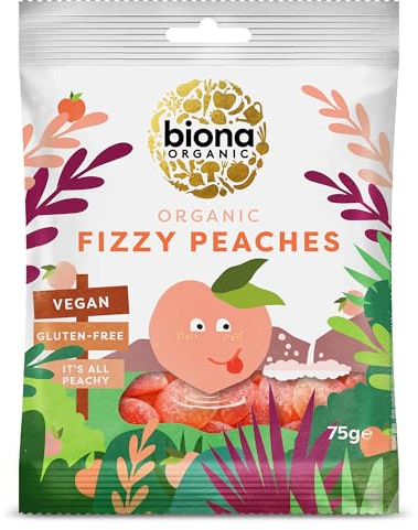 Biona Fizzy Peaches Organic , 75g | 100% Organic, Delicious Peach Flavour, Fizzy and Chewy, Gelatine Free, Suitable for Vegans