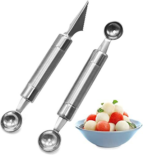 2 Piezas Cuchara Vaciadora de Acero Inoxidable para Frutas, Doble Vaciador de Melón, Herramienta de Tallado de Piña, Herramienta de Cocina Multifunción Cortador