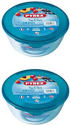 Pyrex Microwave Safe Classic Round Glass Dish Plastic Lid 2.0 Litre Blue (Pack of 2)