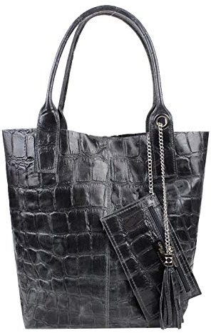 Made IN Italy Damen XXL Leder Tasche Wildleder Shopper Schultertasche + Schmucktasche (Dunkelgrau Kroko)