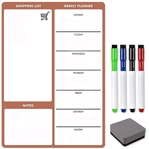 TMS A4 Magnetic Weekly Meal Planner and Organiser | Whiteboard Planner, Shopping List and Memo Board for Home and Office | with 4 Magnetic Dry Wipe Pens and Eraser (Rose Gold, A4)