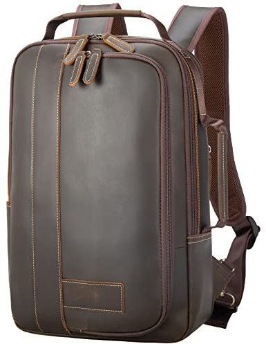 Masa Kawa Leather 15.6 Laptop Backpack for Men Convertible Briefcase Backpacks Expandable Vintage Business Work Daypack, Brown, M, Travel Backpacks