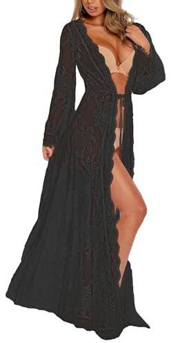 Bsubseach Black Lace Long Bikini Cover Ups Beach Swimsuit Coverup Kimono Cardigan Snow Pattern for Swimwear Women