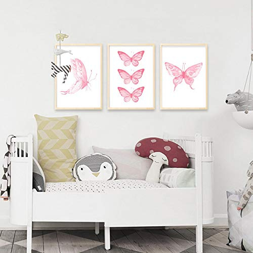 ZHMANLUCK Papillon rose mur Art toile peinture affiches pépinière imprime style nordique mur décor photos pour enfants bébé chambre décor 20x30cm (8x12in) x3 avec cadre