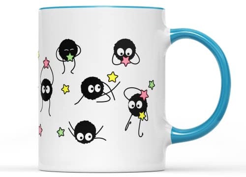 SmartyPants Soot Sprites Wrap Coffee Cup Mug Anime Manga Film Studio Susuwatari Neighbor Spirits Present Gift Heavy Duty Ceramic Handle Coated Dishwasher Microwave Safe (Blue Handle Prime)