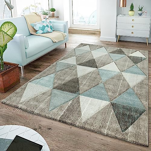 TT Home Wohnzimmer Teppich Kurzflor Pastell Modern Rauten Design 3D Design Pastell, Farbe: Grün Beige Creme, Größe:120x170 cm