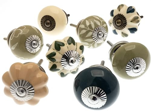 Mango Tree - Door Knobs in Sage Green, Mottled Brown and Brass Fretwork - Pack of 8 Cupboard Knobs