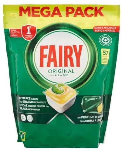 Fairy Detersivo Pastiglie Lavastoviglie Brillantante, 57 Capsule Lavastoviglie, Original Limone, Azione Pulente Al Primo Lavaggio, Efficace Sul Grasso Incrostato Con Azione Brillante