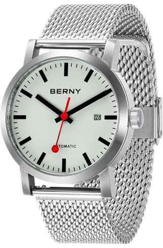 BERNY Klassische Automatikuhr für Männer Mechanische Selbst Wind Armbanduhr MIYOTA 8215 Bewegung Edelstahl Armband 5AM wasserdichte volle leuchtende Zifferblatt Saphirglas Eisenbahn Uhren