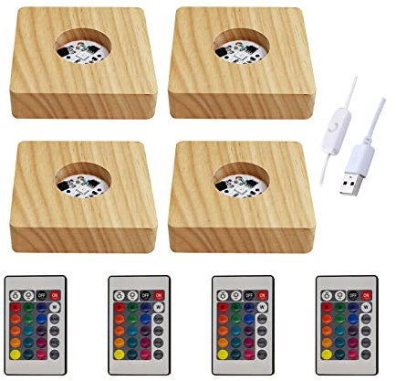 YWNYT Base de visualización de luz LED de madera, 8 cm, 16 luces LED USB de colores, placa base con control remoto para arte de resina de cristal 3D