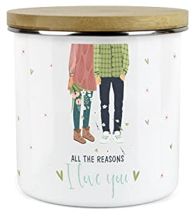 Purely Home Valentine's Gift Date Night Keepsake Jar Canister - All The Reasons I Love You - White Metal Enamel Kitchen Food Storage Container