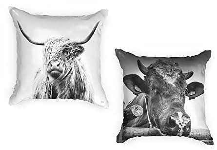 Ulticool - Kissenhülle - Schottische Highlander Kuh - Set von 2 Motiven Outdoor Kissen - Wasserfest - 2 Gartenkissen Draussen Ohne Füllung - 45 x 45 cm - Kissenbezug für den Garten - Schwarz Weiß