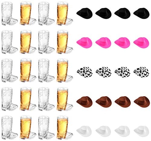 Sumind 40 Pieces Cowboy Cowgirl Party Decorations Supplies Included 20 Plastic Mini Western Cowboy Hats and 20 Pcs 1 oz Miniature Cowboy Boot Shot Glasses for Cowboy Birthday (Mixed)