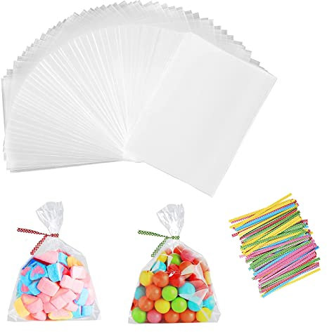 100 Pièces Sachets Transparents Bonbons, Sacs Cellophane, Avec Liens Torsadés 100 Pièces, Pour Emballer Des Biscuits Gâteau Au Chocolat Confiserie (25 X 15 Cm)