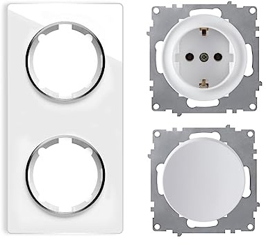 OneKeyElectro Set: Schuko-Steckdose und Ein-Aus-Lichtschalter, unterputz, matt-Antifingerprint, Schutzart IP20, 230V/16A, rund mit Glas-Abdeckrahmen 2fach, senkrecht, weiß