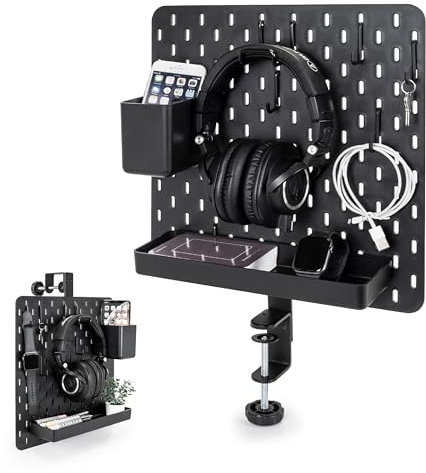 EHO Clamp-On Desk Pegboard, 13.5 x 14 inch Privacy Divider, Desk Partition Panel, No-Drill Desk Mounted Organizer, Combination Peg Board for Office, Gaming, Home, Plants, Black