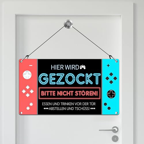 Hier Wird Gezockt Metallschild, 32x18 cm Gaming Zimmer Deko für Jungen und Mädchen, Türschild Kinderzimmer Gadgets, Zocker Geschenkidee Deko, Geschenk Gamer Sachen für Teenager Jungs
