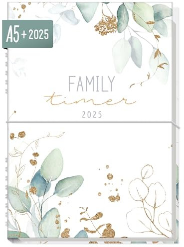 Häfft® Family-Timer 2025 A5+ Blattgold Familien-Kalender für 4 Personen, Familien-Planer 12 Monate: Jan bis Dez 25 - nachhaltig & klimafreundlich