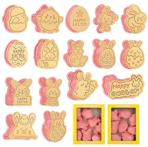 Aubess 16 Pieces Easter Cookie Cutters, 3D Cartoon Animal Shape Cookie Cutters, PP Material Easter Cookie Cutters and Stamps for Cookies, Biscuits, Cake Decoration and Easter Parties