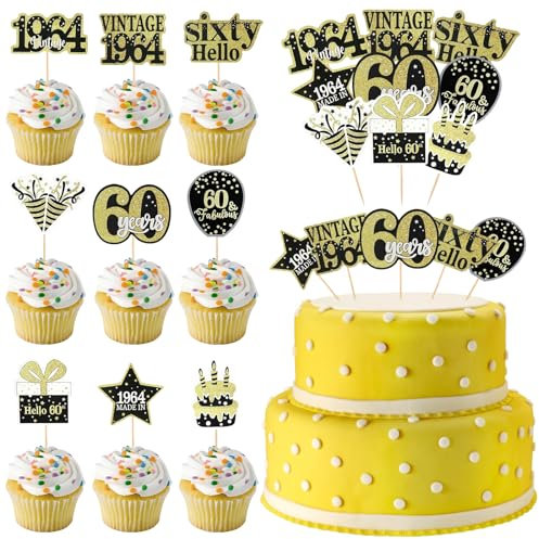 GAROMIA Tortendeko gold 60 Geburtstag Tortendeko Frau Mann 1964 Cupcake Toppers Cake Topper Forty Geburtstagsdeko 60 Geburtstag Tischdekoration Hochzeitstag Party Kuchen Dekorationen Zubehör