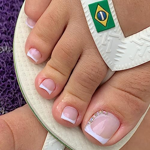 Caiguoer 24pcs Square French Fake Toenails Nude Pink Purple False Toenails Rhinestone Crystal Press on Toenails for Women and Girls (A)