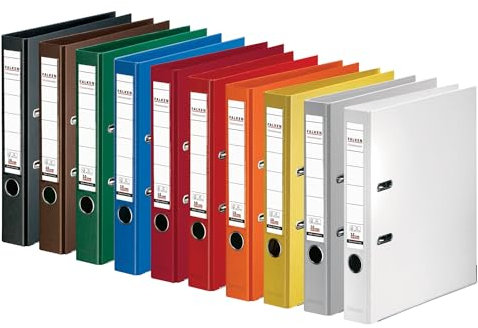 Original Falken 10er Pack Chromocolor Premium-Ordner. Made in Germany. Kunststoffbezug außen und innen 5 cm schmal DIN A4 farbig sortiert Ringordner Aktenordner Briefordner