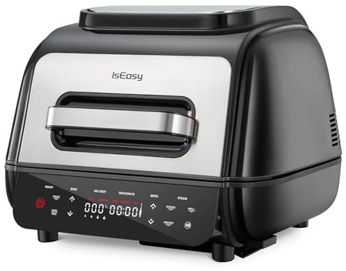 Friggitrice ad Aria, IsEasy Airfryer con Ampio Spazio di ottura da 5,7 Litri, Sensore di Temperatura, 7 Funzioni di Cottura, 50℃-250℃, Friggitrice con 20 Ricette, Cestello per Frittura ad Aria