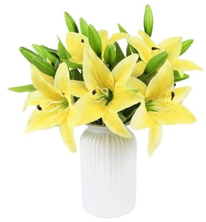 Künstliche Lilien, 38 cm, weiße Lilien, Party, Hochzeit, Brautstrauß, künstliche Pflanze für Wohnzimmer, Zuhause, Dekoration, fühlt sich echt an (Farbe: Gelb), 8 Stück