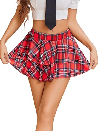Avidlove Damen Minirock Sexy Faltenrock Plissee A-Linie Hohe Taille Skater Rock Vintage Elegant Elastisch Schule Tennis Röcke Freizeitrock Rot Plaid S