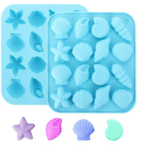Paquete de 2 moldes de conchas marinas para chocolate, moldes de silicona para caramelos, fondant, estrella de mar, arcilla polimérica, molde para hornear con temática oceánica para manualidades,