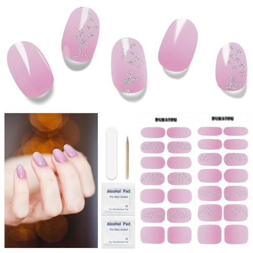Semi Cured Gel Nail Strips, 28 pcs Gel Nail Stickers/Wraps Work with Any UV Lamp, Long Lasting, Easy to Apply(Gradient Pink)