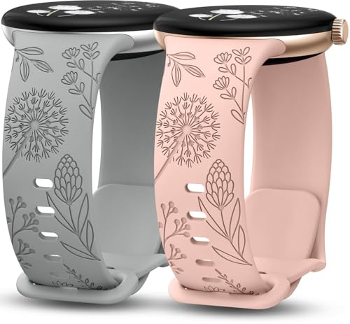 TOYOUTHS 2 Stück Floral Gravierte Armband Kompatibel mit Google Pixel Watch 4/3 41mm/Pixel Watch 2/1 Damen, Fancy Cute Weich Silikon Fancy Löwenzahn Blume Sport Loop Armband