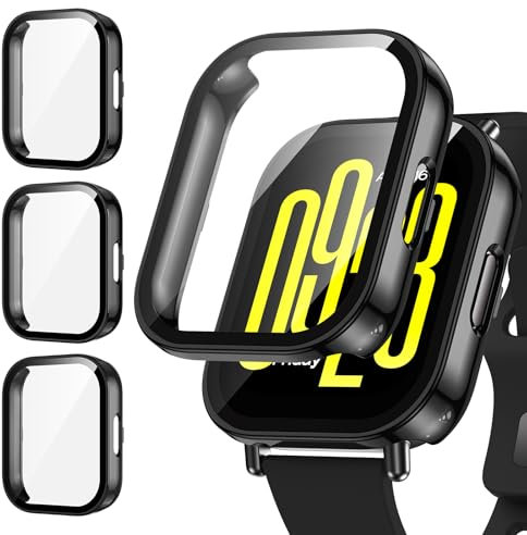 [3Piezas] Kamita Funda Compatible con Xiaomi Redmi Watch 5 Active, Duro PC Bumper Case con 9H Protector de Pantalla Cristal Templado, Carcasa Protectora Integral para Redmi Watch5 Active (Negro*3)