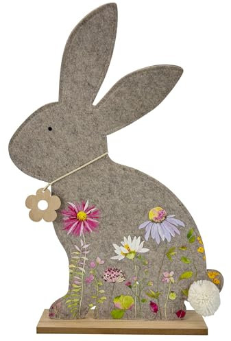 Online Fuchs Große Osterhasen Figur XL aus Filz mit Blütenkette aus Holz und weißem Puschelschwanz - 53 cm groß - Dekoration zu Ostern und Frühling (Hellgrau)