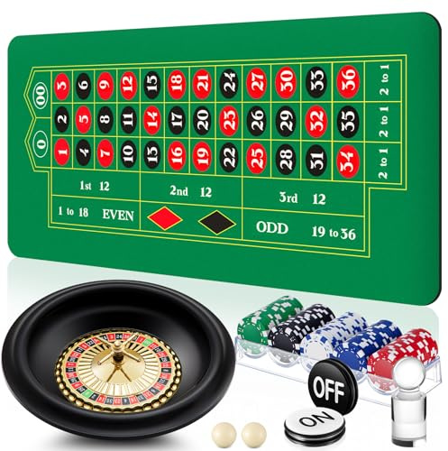 Lunmon Roulette Wheel Game Set Include 16'' Black Roulette Wheel 35 x 16 Rubber Tabletop Layout Mat, 100 Chips Dealer Button Win Marker Casino Game Sets Gift Ideas(Green)