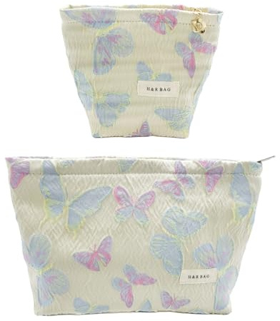 getgto 2 Pcs Makeup Bags, Large Cosmetic Bag Travel Toiletry Bag Organizer for Women, Embroidery Craft, Floral Makeup Bag Small Cosmetic Pouch Purse with Zipper, Gifts for Girls Teen, Butterfly