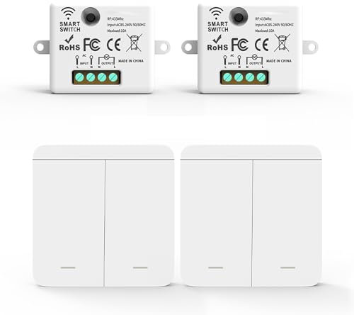Smart WiFi Light Switch Kit - Receiver + Wireless Switch, Smart Remote Control Compatible with Tuya App and Google Home/Alexa (2 Receivers and 2 Switches (2 Buttons))