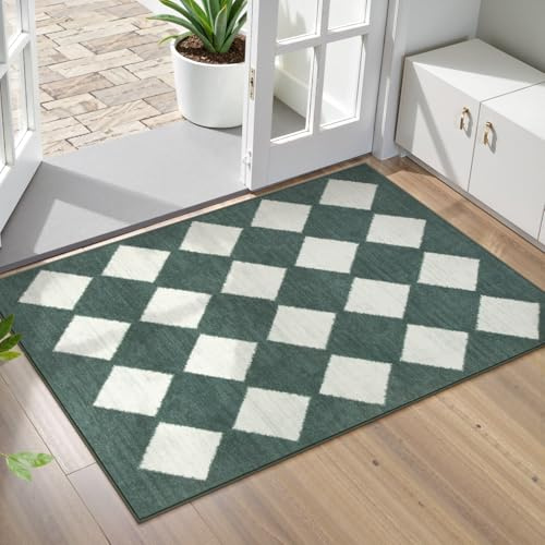 Lahome Zelie Checkered Washable 2x3 Green Kitchen Rugs Non Slip, Small Printed Indoor Door Mat for Entryway, Moroccan Trellis Ultra-Thin Throw Carpet for Bedroom Entrance Decor (2'x3',Dark Green)