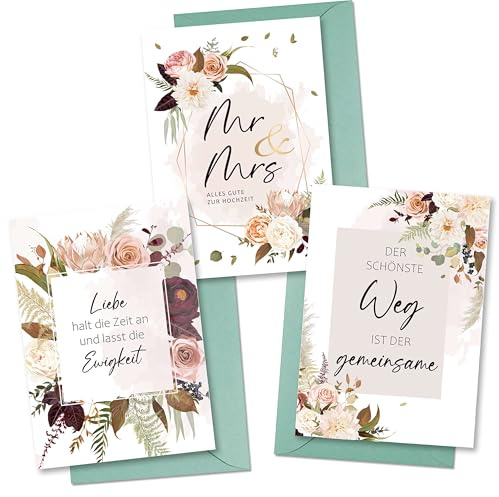 BIROYAL Hochzeitskarte 3er Set - Karte Hochzeit mit Umschlag - Glückwunschkarte Hochzeit - Wedding Card für Brautpaar - Liebevolle Hochzeitsgrußkarten