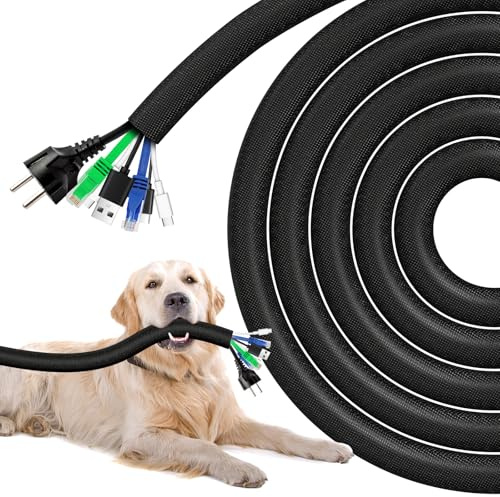 AGPTEK 6m Kabelschlauch, 25mm Selbstschließend Kabelkanal, Schwarz | Zuschneidbar Flexibler Gewebter Kabelmantel, Kabelmanagement für Hause, Büro, Auto, Nylon Kabelschutz für Hund, Katze