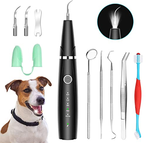 Dog Teeth Cleaning Kit, 5-Mode LED Ultrasonic Tooth Cleaner for Dogs & Cats – Plaque & Tartar Remover, 32-40kHz Pet Dental Care with Toothbrush (Black)