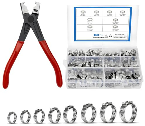 145PCS Edelstahl Einohr-Schlauchschellen mit Schlauchklemmzange, Edelstahl 6-23.5mm 9 Größen Crimp Schlauchschellen Sortiment Kit, für Wasserleitungen, Sanitär und Kfz-Anwendungen