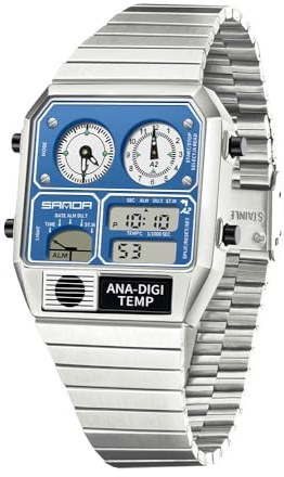 MASTOP Retro Square Digital Watch with Temperature Display Unisex 7.5Inch Analog 3 Time Zones Luminous Backlight 50M Waterproof Alarm Stopwatch Week/Date (Silver Blue)