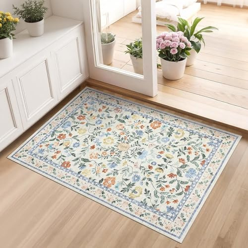 CAROMIO Floral Door Mat 60x100 cm Washable Low Pile Non-Slip Entryway Green